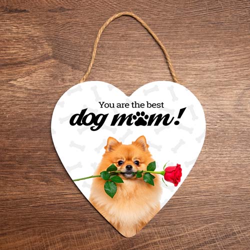Hartje houten decoratie Pomeriaan hond met rood dog mum mom